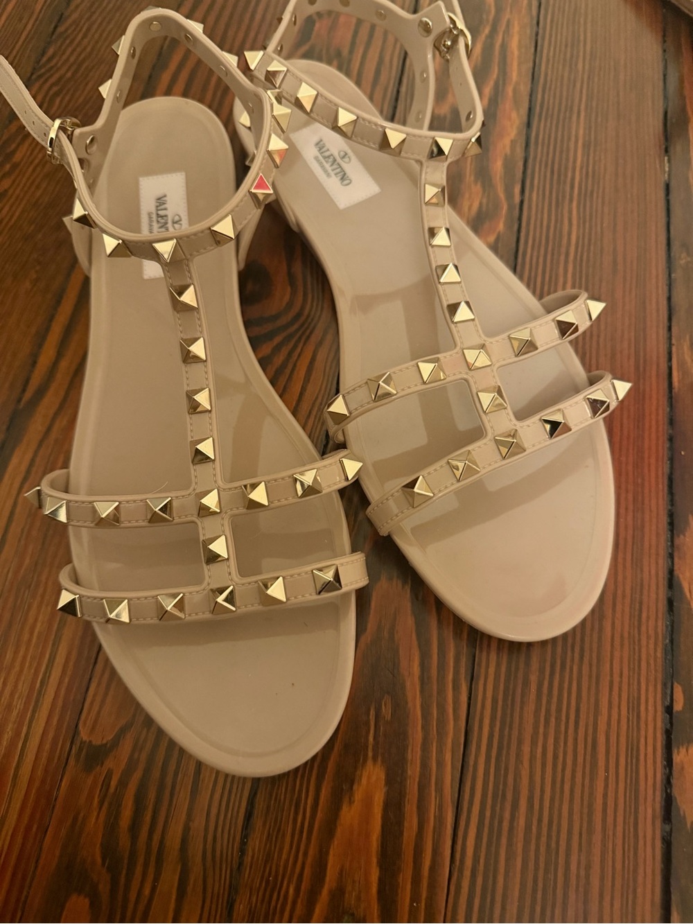 Valentino Nude T-Strap Studded Flat Sandals